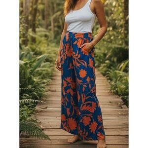 House of Harlow 1960 Wide Leg Drawstring Blue Orange Tropical Palazzo Pants Sz S